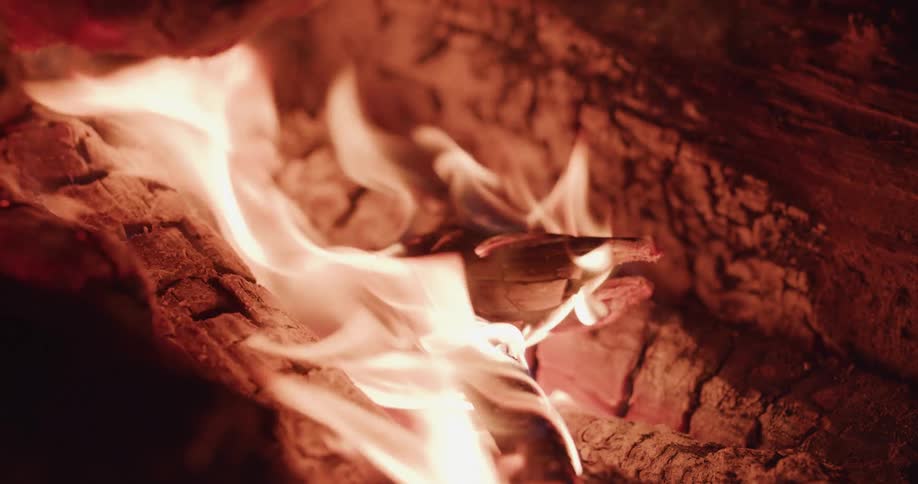 Flames wave in the breeze as wood in a campfire burns