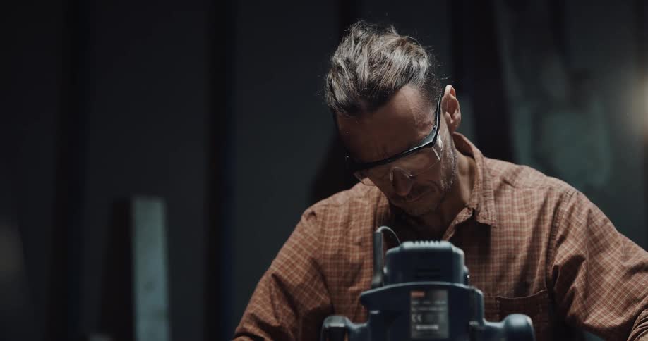 A man using a power router in his workshop wearing safety glasses