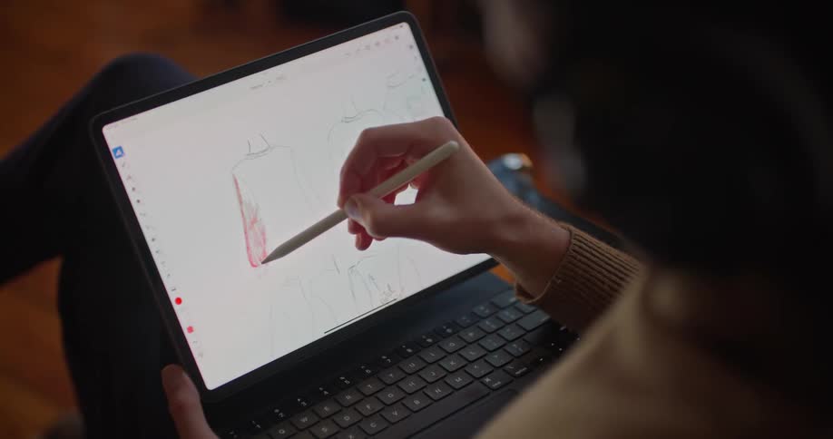 A woman in an office sketches clothing on a laptop