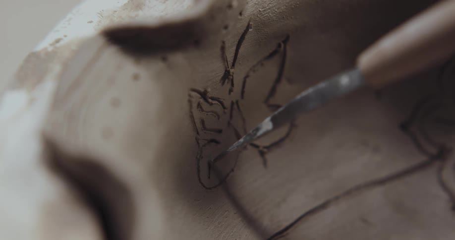 A person is sketching artwork into clay sculpture