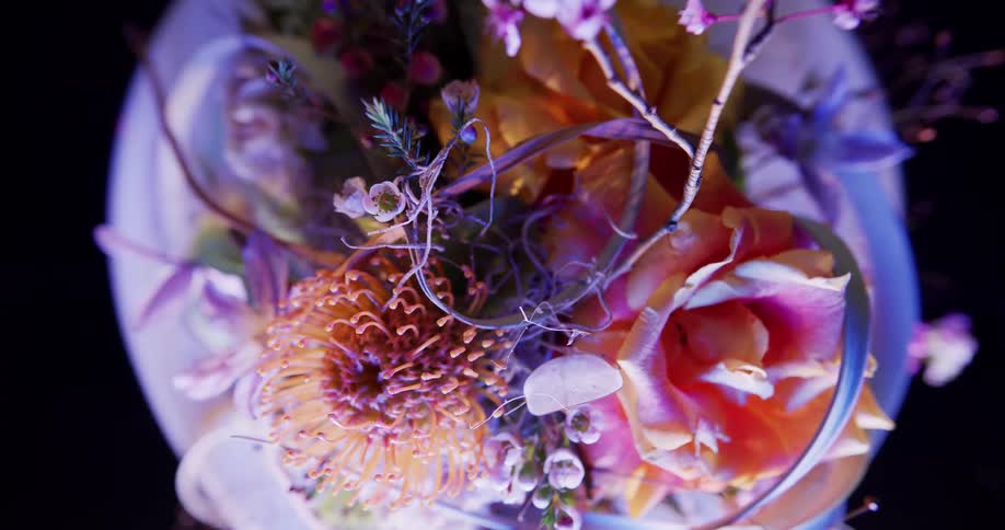 Top down twisting footage of flowers in a bouquet under colorful lights