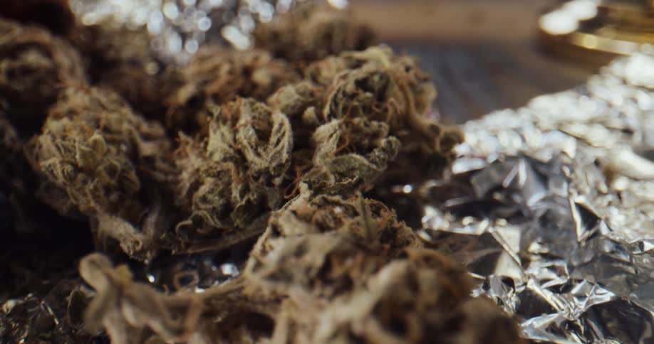 Large pile of marijuana buds on wrinkled foil paper