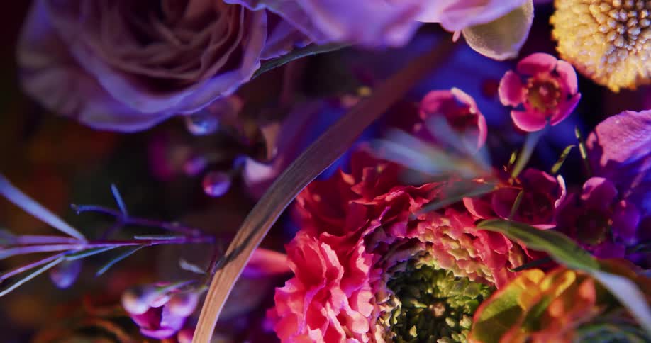 Close up view of a flower arrangement is displayed