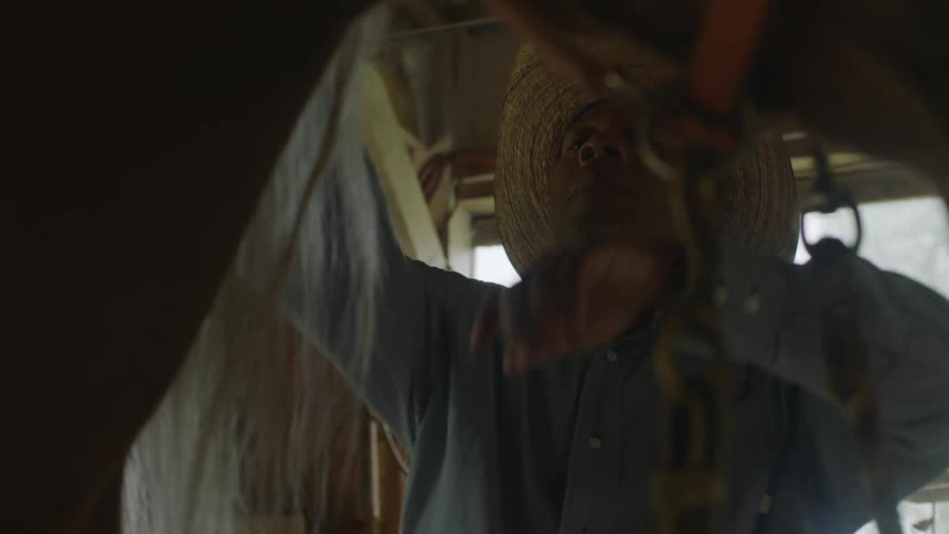 Cowboy combs horses mane while standing in building