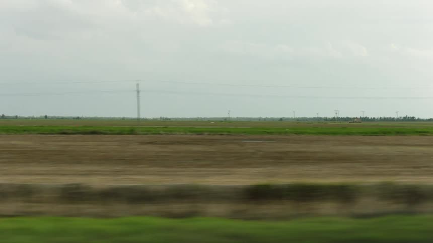 Soil and green grass on a field extending to the horizon seen from a moving vehicle