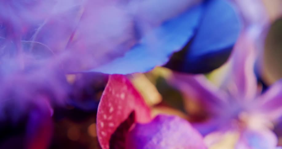 A floral arrangement is full of lilac and purple flowers with a red one thrown in as an accent