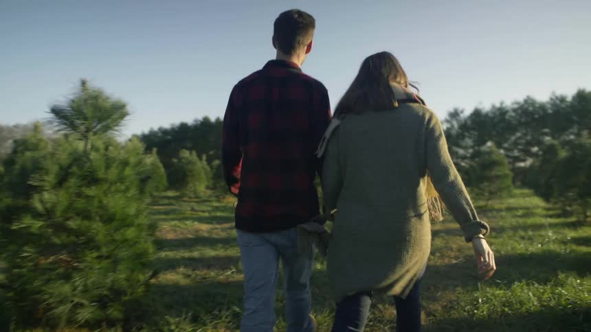 A couple holding hands carry a saw to pick out a christmas tree