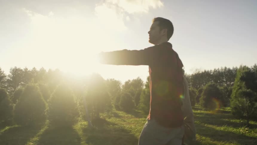 A man and woman hold hands as they walk through a tree farm