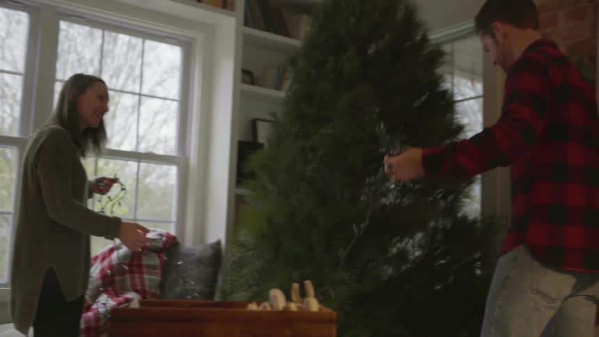 A man and woman hang lights on a christmas tree