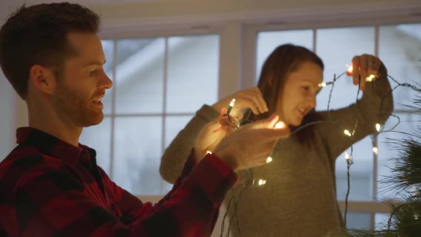 A couple of untangling christmas lights before putting them on the tree