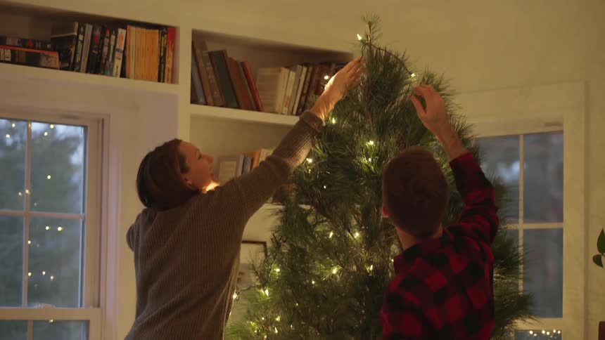 A man and woman are putting lights on a christmas tree