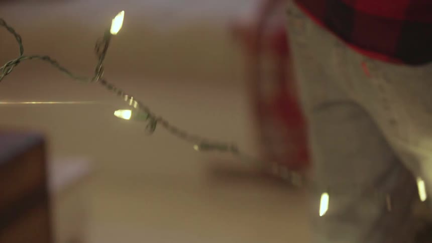 A couple are hanging christmas lights on a tree