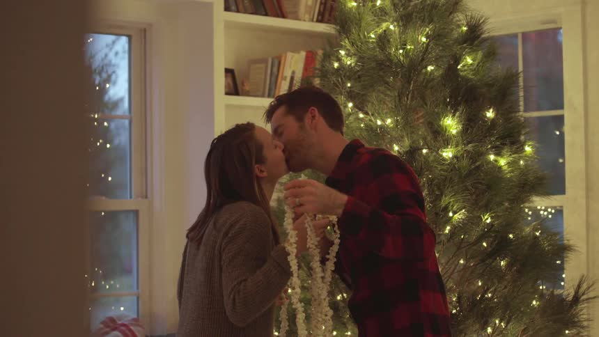 A man and woman kiss while decorating a christmas tree