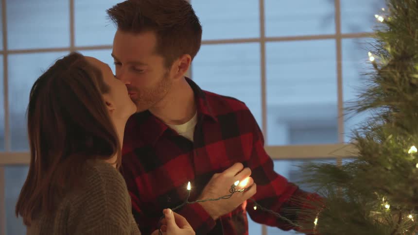 Couple having a kiss as they string lights on their christmas tree