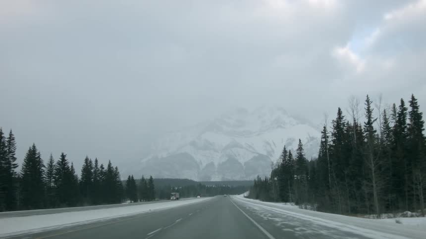 Driving along on a highway lined with snow and tall evergreen trees