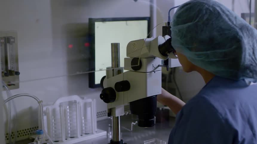 A female technician uses a microscope in a lab