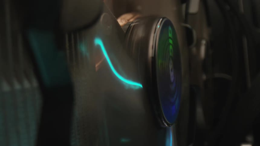 Blue light glows as a hard disk drive spins