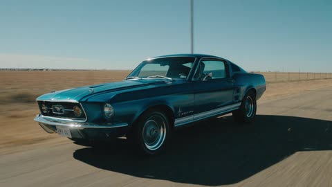 A man driving a vintage blue mustang on a flat road in a rural area on a sunny day