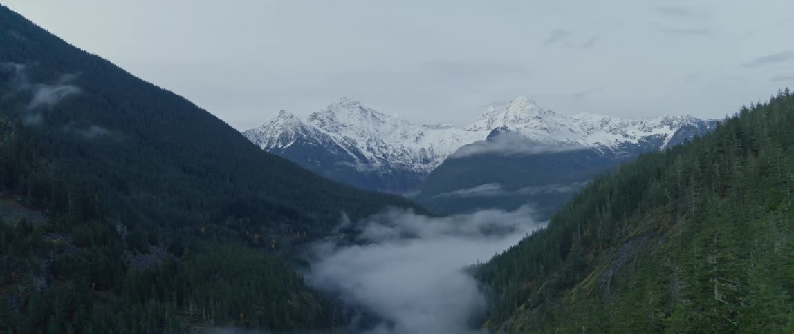 Snow capped mountains loom in the distance of a forested mountain valley