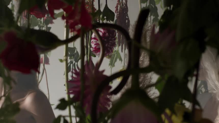 A woman walks among vines looking at the flowers hanging