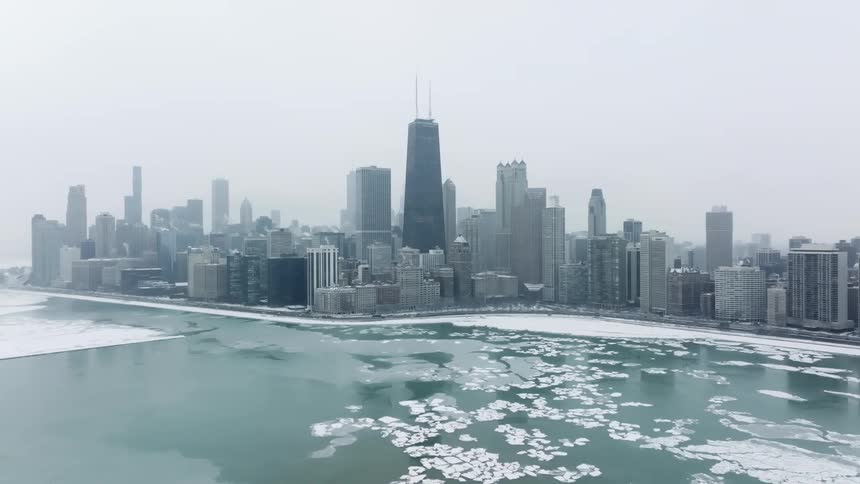 Traffic moves along the Chicago lake fron in winter