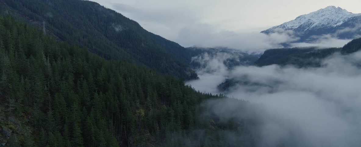 Aerial through a foggy forested mountain valley
