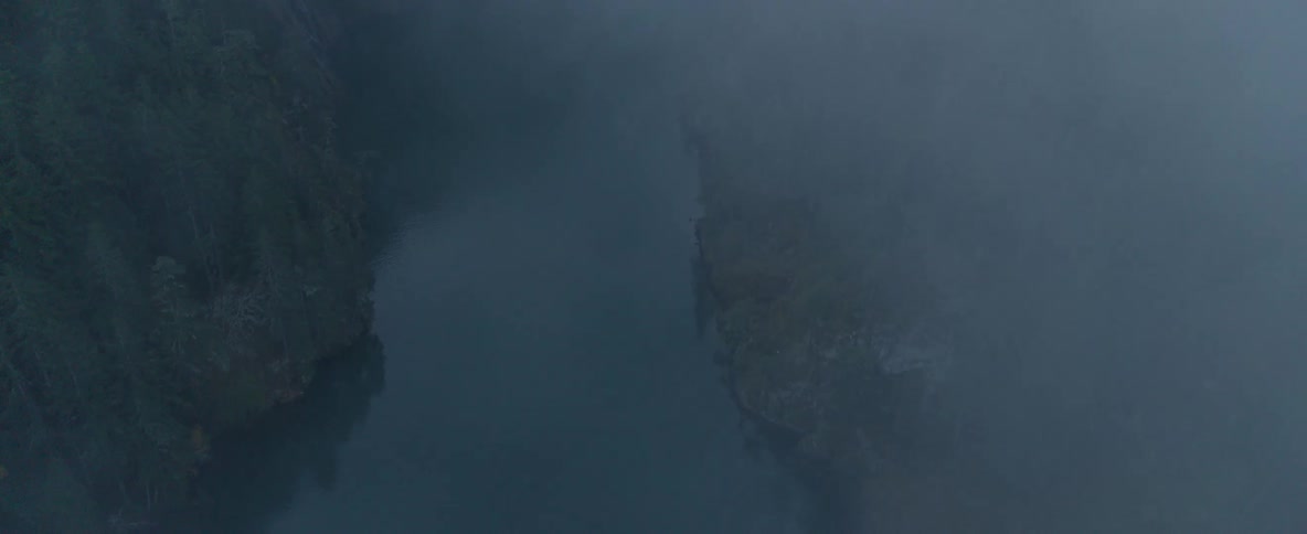 Dense fog settles over a river in a canyon