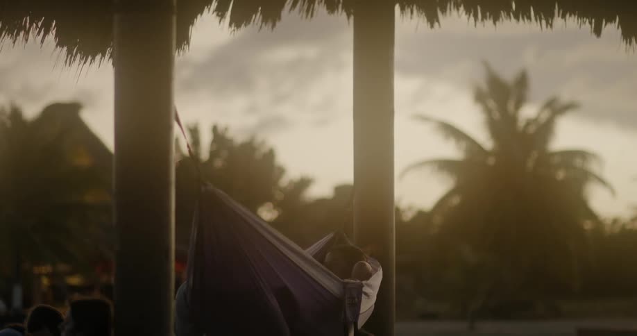 A person is lounging outside in a hammock on a cloudy day