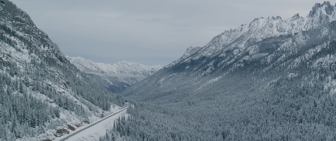 A road through a valley passing by a forest and snow covered mountains