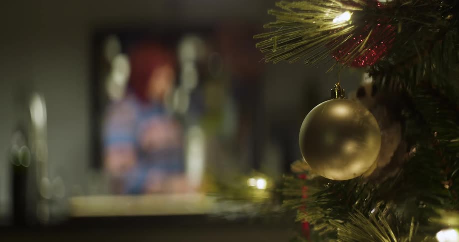 Blurry view of two women standing by a counter with a christmas tree in the foreground