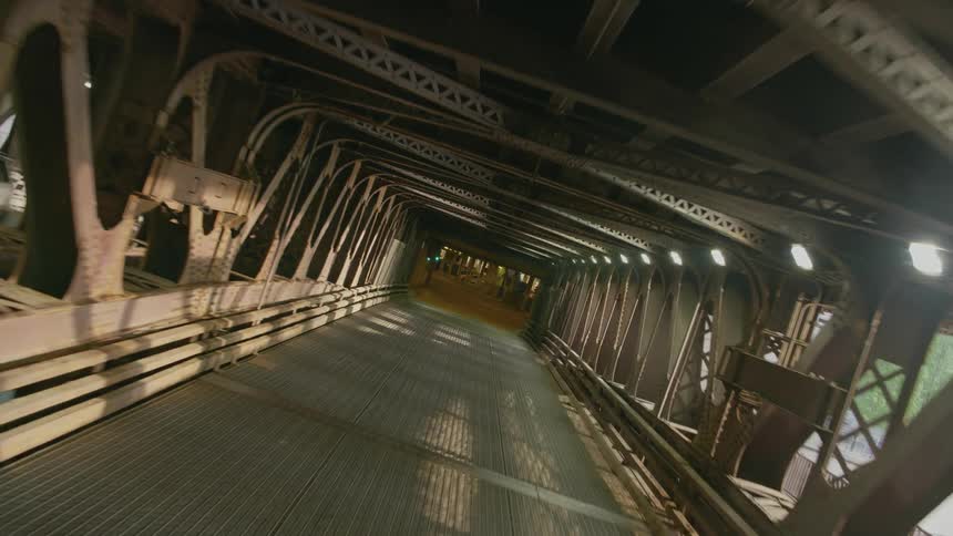 Traveling on the empty lower tier of the dusable bridge on michigan ave in chicago