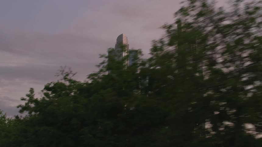 Skyscrapers loom over the trees along a road in a metropolis in the evening