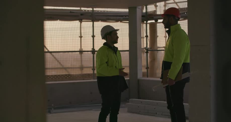 Two workers talk and shake hands on a construction site