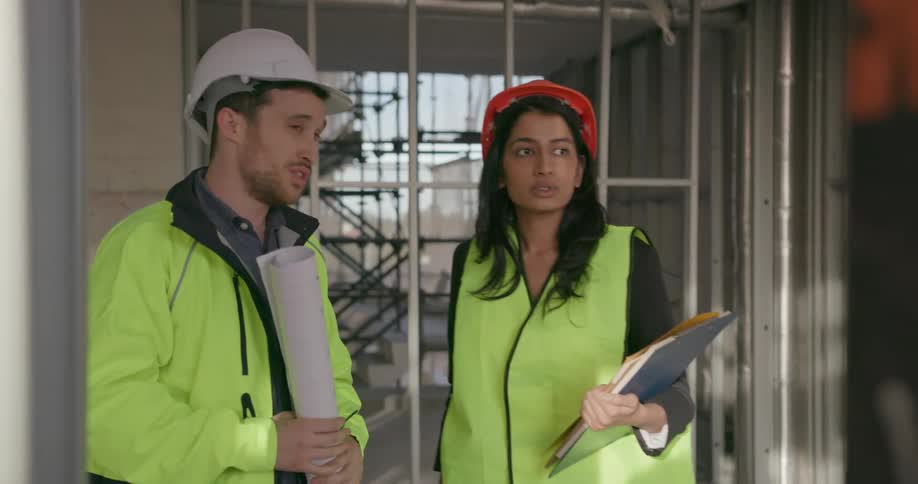 A man and woman in hardhats are walking around a construction site discussing things