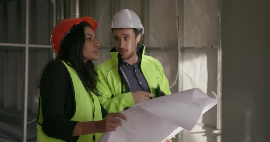 Man and woman wearing safety hats look at a drawing