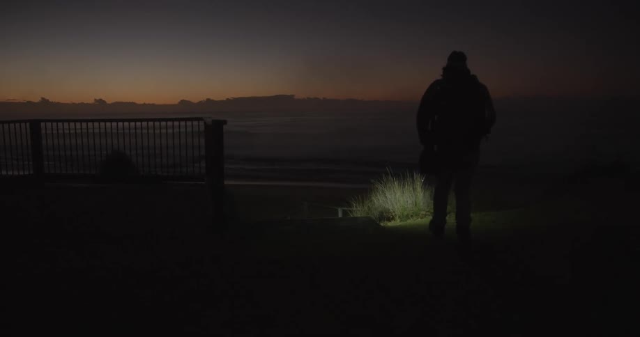 A man with a flashlight walks in the dark through grass toward some mountains
