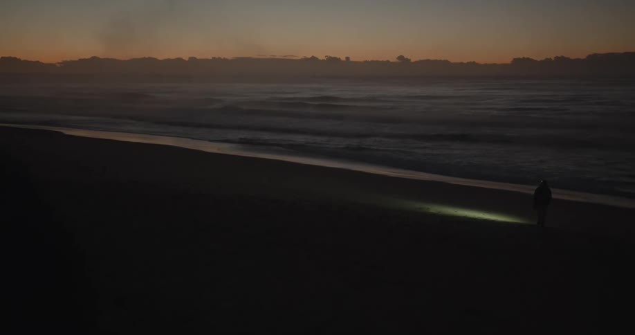 A person is walking on the beach with a flashlight