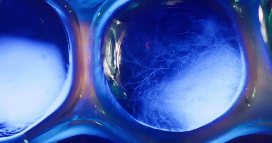 Light blue light shines behind webs in darker blue bubbles
