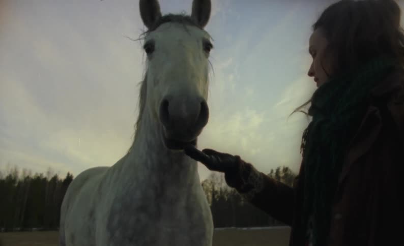 A woman pets her horse while standing in a field