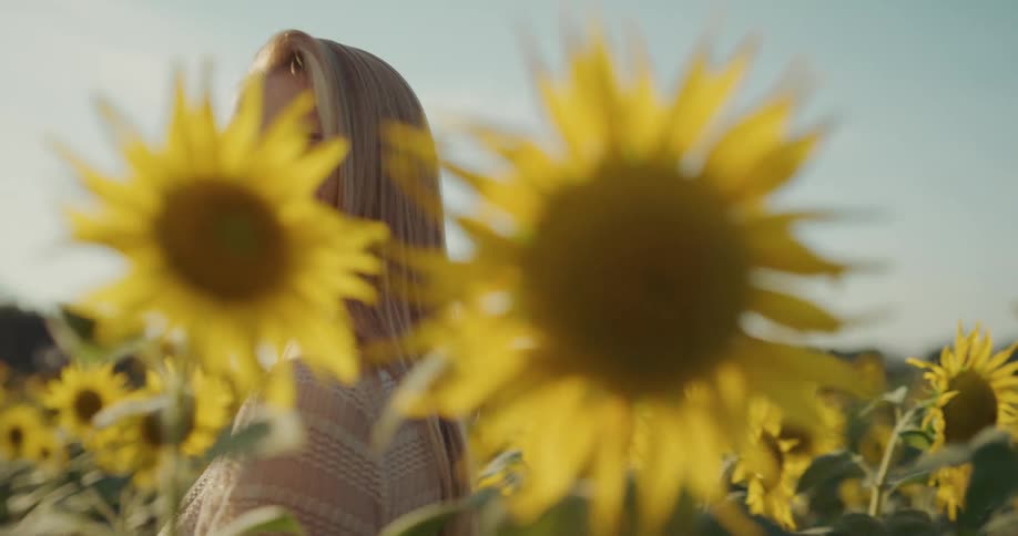 A woman is walking through a field of flowers in spring
