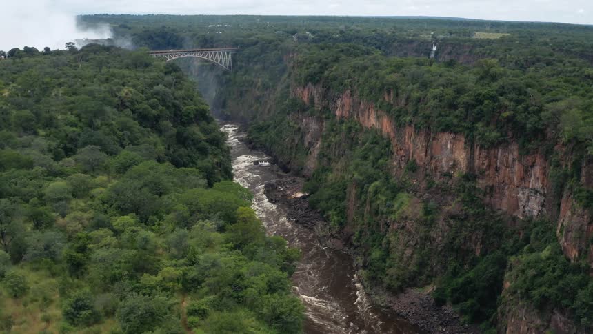 Aerial view of lush green jungle and river canyon
