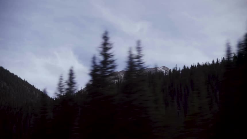 Forested mountains with snow covered mountains in the distance under a cloudy sky