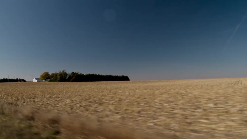 A large field near a rural farmhouse in the daytime