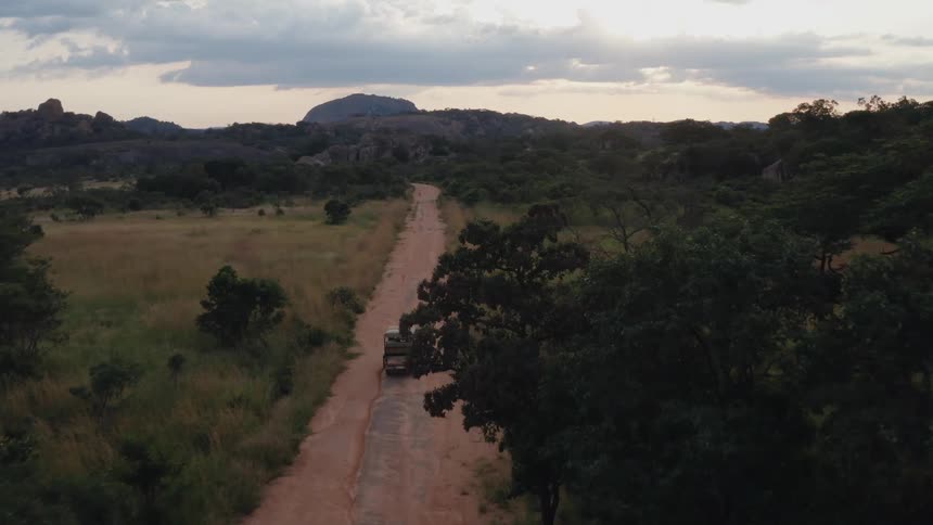 A truck is moving down a dirt road in a jungle