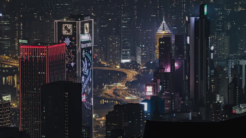 The lights flash in the city at night