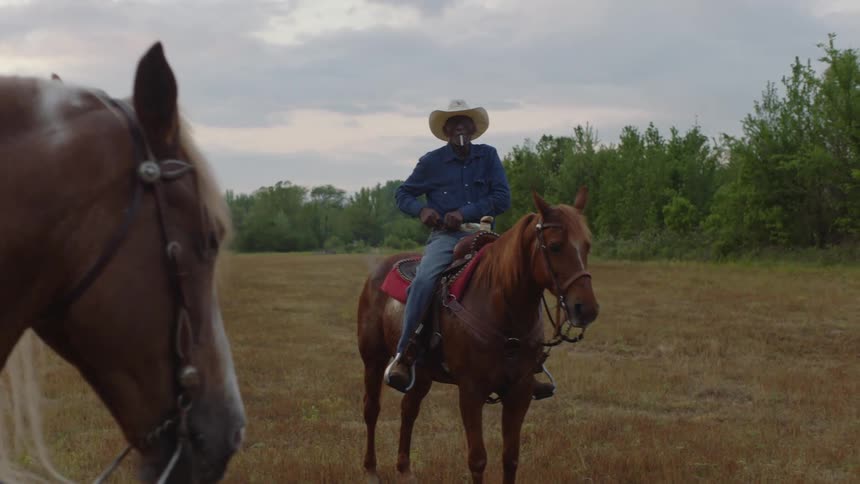 Male cowboy smokes while sitting astride horse in field near woods