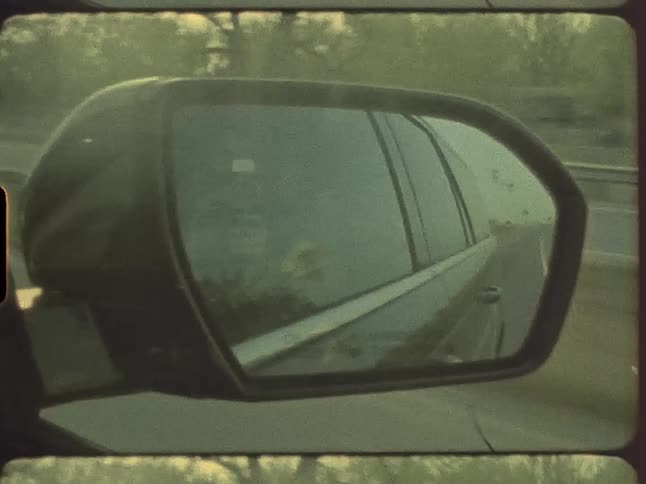 View from inside a car through the window and rear view mirror of the trees outside