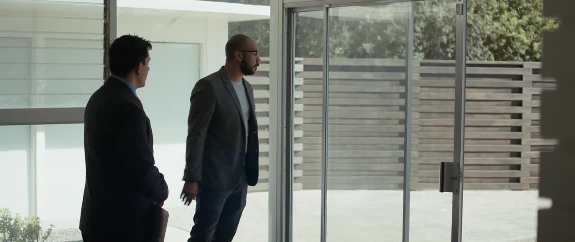Two men stand in an empty house looking at the yard and talking about it