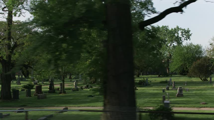 Headstones and monuments in a cemetery surrounded by green grass and trees
