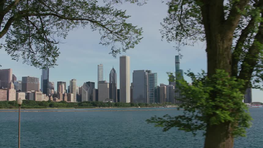 The Chicago city skyline viewed from across the lake